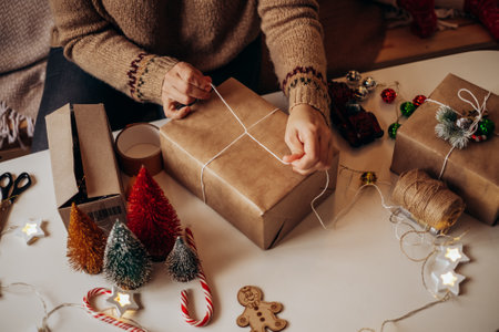 Woman s hands wrapping Christmas gift boxes, close up. Unprepared presents on white table with decor elements and items Christmas or New year DIY packing Concept.の写真素材