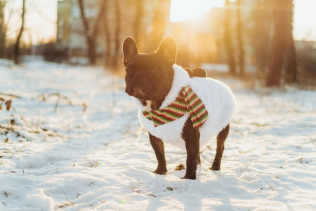 French bulldog in winter in carnival clothes of a snowman on the snow for a walk, dog in winter in the parkの写真素材