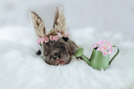 Cute little american boule puppy dressed up as an easter bunny with a bunny ear band with flowers on a white backgroundの写真素材