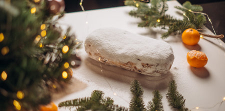 Traditional German Christmas stollen is dusted with powdered sugar through a sieve. The atmosphere is cozy, festive, and warmの写真素材