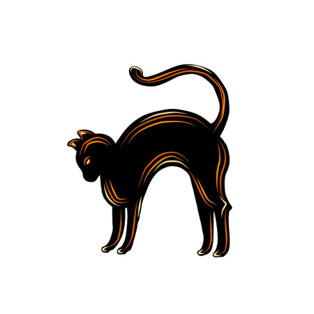Witch's cat black. Vector illustration with transparent background. Design template, for stickers, creating patterns, wallpaper, wrapping paper, for postcards, fabric, clothingのイラスト素材