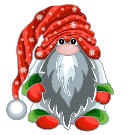Cute cartoon winter gnome in a cap with a pattern of snowflakes. Vector EPS illustration for stickers, creating patterns, wallpaper, wrapping paper, 
for  postcards.のイラスト素材
