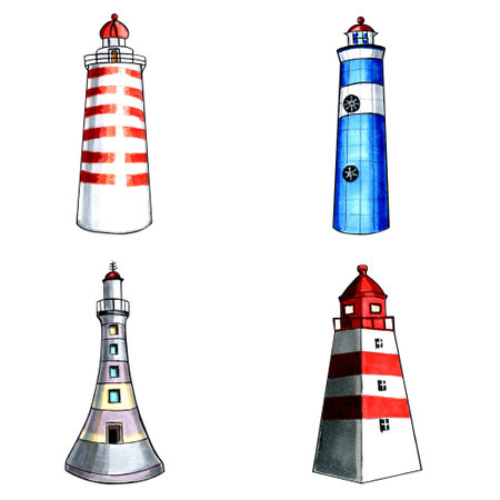 Set of brown, blue, red and aqua color lighthouses. JPEG illustration marine life.の写真素材