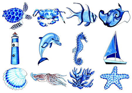 Marine set blue color with underwater life. Vector  EPS illustration marine animals.のイラスト素材