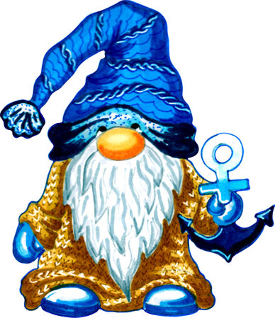 Gnome sailor in blue striped hat and beige knitted raincoat  holding anchor
 in his hand.  JPEG illustration.の写真素材