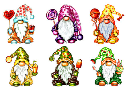 Set of 6  colorful gnomes with sweets and cocktails. JPEG illustration for stickers, creating patterns, wallpaper, wrapping paper,  
postcards, design template, fabric, clothing.の写真素材