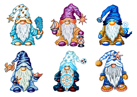Set of 6 sea gnomes with accessories. JPEG illustration for stickers, creating patterns, wallpaper, wrapping paper,  
postcards, design template, fabric, clothing.の写真素材