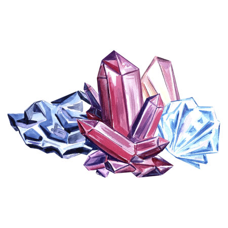 Watercolor hand drawn illustration with blue, pink crystals.の写真素材