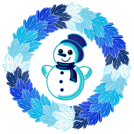 Winter snowman in a round frame of blue maple leaves.の写真素材