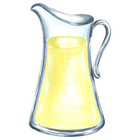 Glass jug with refreshment drink yellow color Watercolor hand drawn illustration on a white background for your design, decorating invitations and cards, making stickers, embroidery scheme, print on packagingの写真素材