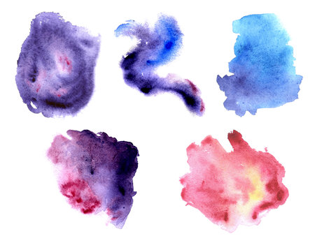 Set of watercolor stains of blue, purple and pink colors Watercolor hand drawn illustration on white background for design, decorating invitations, making stickers, embroidery scheme, print textileの写真素材