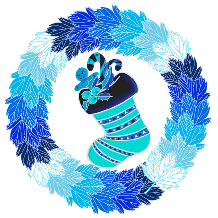 Blue Christmas sock with gifts in a round frame of blue maple leaves.の写真素材
