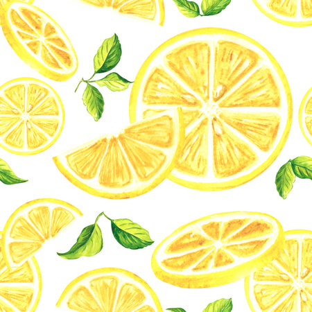Seamless pattern with slices of lemons and green leaves Creative summer citrus print Watercolor decorative hand drawn illustration for textile, printing packaging, paper and coversの写真素材