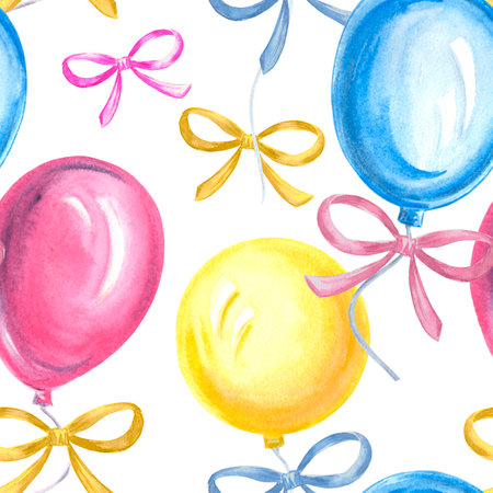 Seamless pattern of colorful balloons with bows. Watercolor hand drawn illustration for design, festive backdrop, kids birthday and party, making textile, printing packagingの写真素材