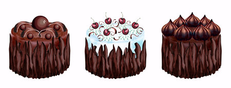 Set of watercolor chocolate cakes with cherry, chocolate balls, glaze and cream. Isolated...
