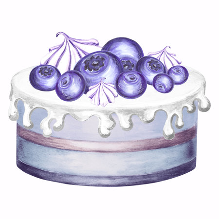Cake with bluberry and meringue. Watercolor illustration of berries pie dessert with glaze and cream, isolated. Hand drawn template of holiday food for menu, window dressing, card, print on wrappingの写真素材