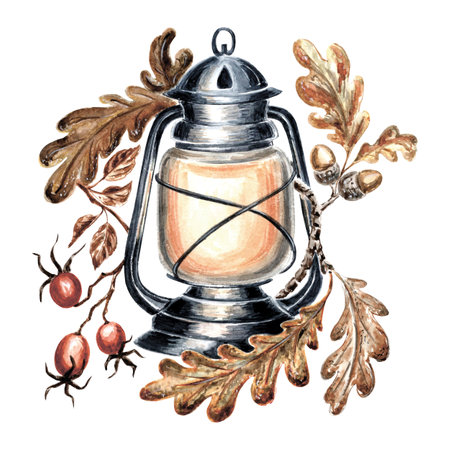 Retro lantern with autumn oak leaves, acorns and rose hips. Old fashioned home decoration. Watercolor hand drawn illustration for design card and stickers, embroidery, printingの写真素材