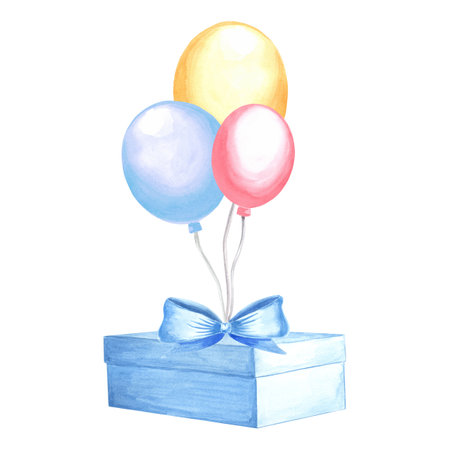 Watercolor giftbox blue with colorful balloons and bow. Template for greeting card. Hand drawn illustration for festive wrappers, invitation, birthday and holiday party decoration.の写真素材