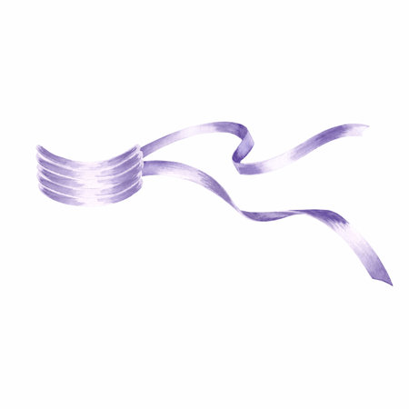 Watercolor ribbon in delicate violet color. Isolated hand drawn illustration. Template of silk streamer for festive decoration, card, wrapper, textile, birthday and holiday backdrop, print stickers.の写真素材