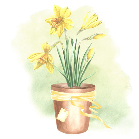 Yellow daffodils in clay flower pot tied with ribbon and tag. Isolated hand drawn watercolor illustration spring narcissus. Floral drawing template for card of Mothers day, 8 March, Easter, embroideryの写真素材