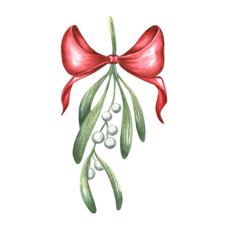 Mistletoe twig with berries and red silk bow. Winter traditional plants vintage. Hand drawn watercolor illustration holiday design. Isolated template for card, Christmas, New Yearの写真素材