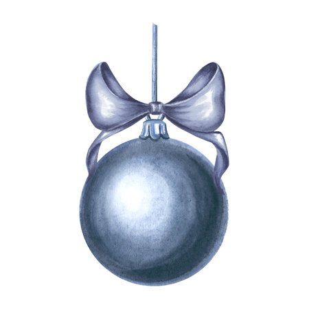 Christmas tree ball with blue silk bow. Hand drawn watercolor illustration holiday decoration. Drawing pendant, earrings in vintage stile. Isolated template for invitation, card, New Year, printing.の写真素材