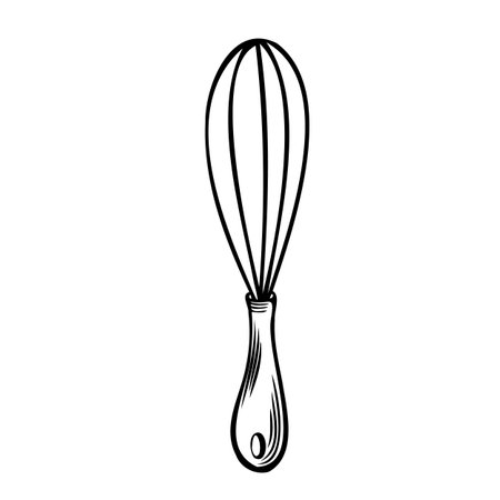 Whisk for cooking food. Kitchenware for whipping pastry, cream. Vector flat illustration isolated. Bakers tools icon. Equipment for blend ingredient. Template for wrapping, cookbook, showcase, websiteのイラスト素材