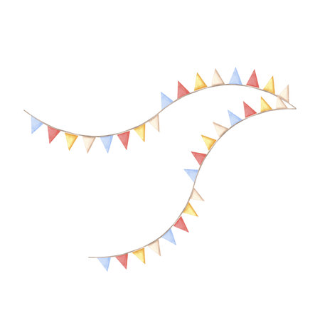 Garlands of pennants flags. Watercolor template of festive illustration for birthday and kids party decoration, isolated. Hand drawn clipart for invitation, card, wedding background, nursery decor.の写真素材
