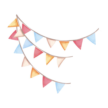 Garlands of pennants flags. Watercolor template of festive illustration for birthday and kids party decoration, isolated. Hand drawn clipart for invitation, card, wedding background, nursery decor.の写真素材