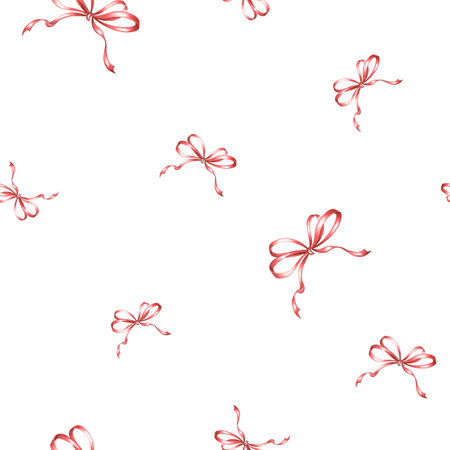 Bows and ribbons Red silk tapes. Seamless pattern, festive background. Hand drawn watercolor illustrations. Template for wallpaper, wrapping, textile, coquette core, gifts, girlsの写真素材