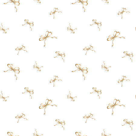 Bows and ribbons Golden silk tapes. Seamless pattern, festive background. Hand drawn watercolor illustrations. Template for wallpaper, wrapping, textile, coquette core, giftsの写真素材