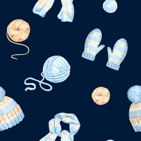 Cozy winter clothes and balls of wool. Knitted hat, scarf and mittens. Seamless pattern of...