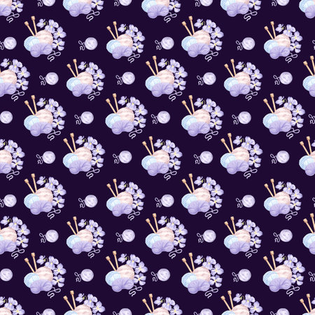 Yarn balls and skeins wool, knitting needles and purple flowers. Seamless pattern for hobby knit. Hand drawn watercolor illustration. Backdrop for blog, needlework store, textileの写真素材