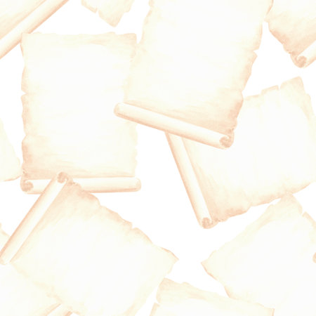 Old paper sheets, parchment scroll. Aged papyrus pages. Seamless pattern. Hand drawn watercolor illustration. Writing supplies. Education concept. Template for cover, wrappingの写真素材