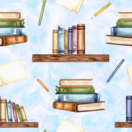 Books on wooden shelf and in stack. Pencil with paper sheet. Seamless pattern. Hand drawn watercolor illustration. Writing supplies for education.Template for covers, wrappingの写真素材