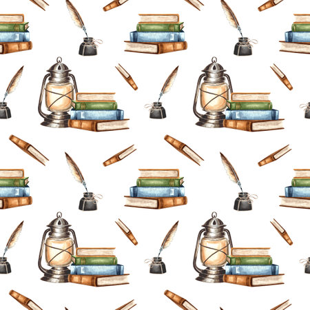Books stack and Vintage lantern. Inkwell with feather pen. Seamless pattern. Hand drawn watercolor illustration. Writing supplies for education.Template for covers, wrappingの写真素材