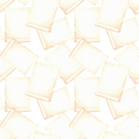 Old paper sheets, parchment scroll. Aged papyrus pages. Seamless pattern. Hand drawn watercolor illustration. Writing supplies. Education concept. Template for cover, wrappingの写真素材