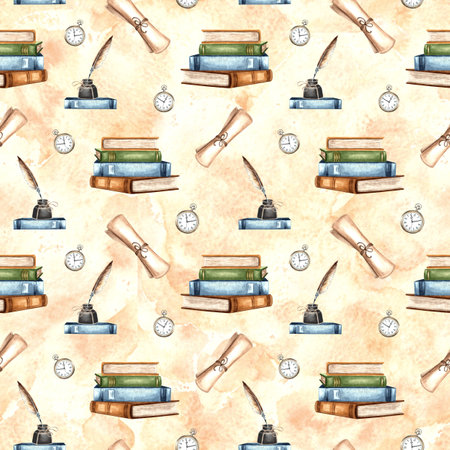 Book stack and inkwell, feather. Vintage pocket watch and scroll. Seamless pattern. Hand drawn watercolor illustration. Writing supplies for education.Template for bookstoreの写真素材