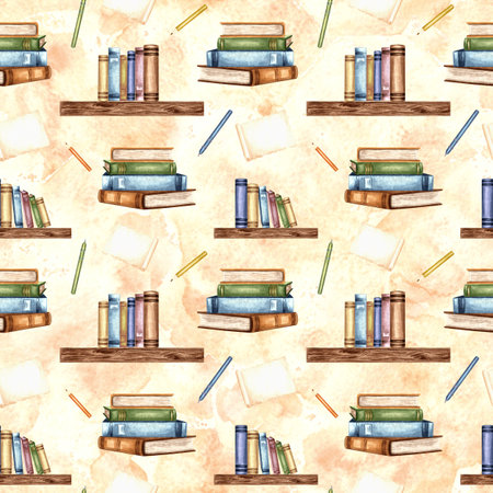 Books on wooden shelf and in stack. Pensil with paper sheet. Seamless pattern. Hand drawn watercolor illustration. Writing supplies for education.Template for covers, wrappingの写真素材