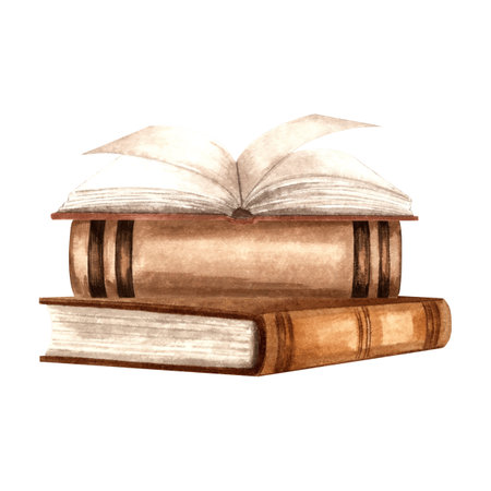 Open book is lying on stack of different books. Composition with textbooks. Hand drawn watercolor illustration isolated. Education concept. Literature and reeding. Template forの写真素材
