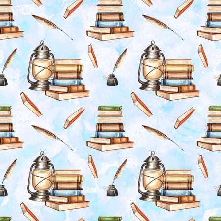 Books stack and Vintage lantern. Inkwell with feather pen. Seamless pattern. Hand drawn watercolor illustration. Writing supplies for education.Template for covers, wrappingの写真素材