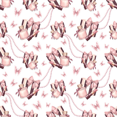 Striped beauty box with bow. Seamless pattern with perfume, lipstick and pearl string. Hand drawn watercolor illustration. Womens items for beauty concept. Template for wallpaperの写真素材