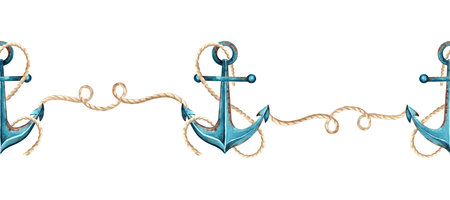 Seamless border underwater with anchor with rope. Hand drawn watercolor illustration isolated. Copy...