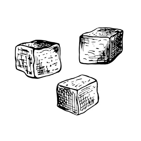 Refined sugar cubes. Set sketches. Vector graphic illustration, hand drawn isolated. Black and white drawin of sweet product. Seasoning for cooking, ingredient for jam, candyのイラスト素材