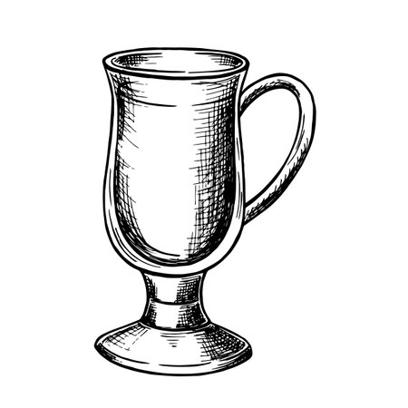 Mulled wine glass sketch. Vector graphic illustration, hand drawn isolated. Black and white vessel for liqud. Glasswear for holiday party drinks for Christmas and New Year. Clipartのイラスト素材
