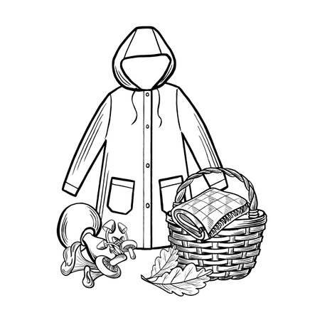 Raincoat with basket, plaid and mushrooms with oak leaves. Cozy autumn forest harvest composition. Vector illustration hand drawn isolated. Black and white fall arrangementのイラスト素材