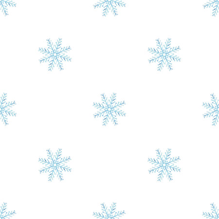 Blue snowflakes seamless pattern. Hand drawn watercolor illustration. Ice stars for Christmas or New Year design. Winter holiday snowing endless background. Template for wallpaperの写真素材