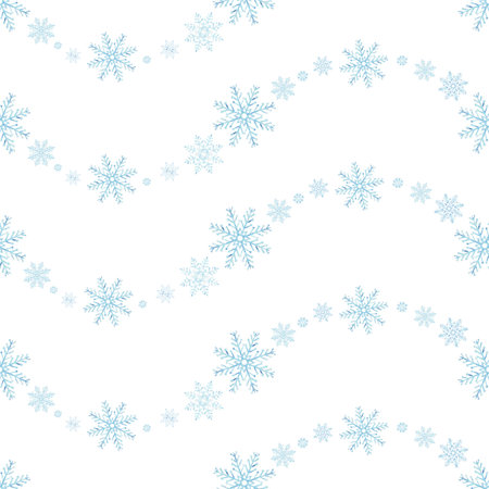Blue snowflakes seamless pattern. Hand drawn watercolor illustration. Ice stars for Christmas or New Year design. Winter holiday snowing endless background. Template for wallpaperの写真素材