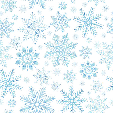 Blue snowflakes seamless pattern. Hand drawn watercolor illustration. Ice stars for Christmas or New Year design. Winter holiday snowing endless background. Template for wallpaperの写真素材