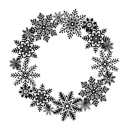 Snowflakes wreath round frame. Template with copy space. Vector graphic illustration for Christmas and New Year. Ice stars for winter holiday design. Isolated clipart for webのイラスト素材